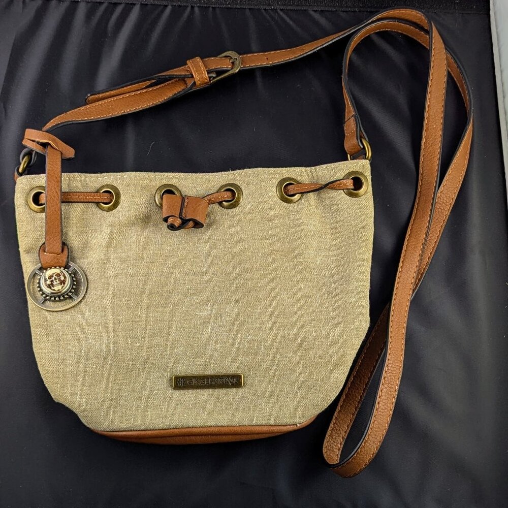 Ginger Snaps Canvas & Faux Leather Bucket Crossbody Bag with Skull Snap